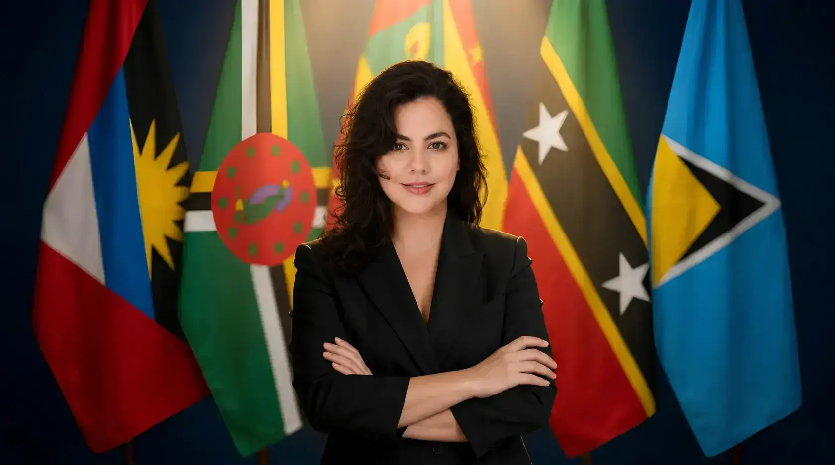Giselle Bru, Founder of PassPro, photographed before the flags of the five Caribbean nations whose Citizenship by Investment programmes PassPro advises on — Antigua and Barbuda, Dominica, Grenada, St Kitts and Nevis, and St Lucia.