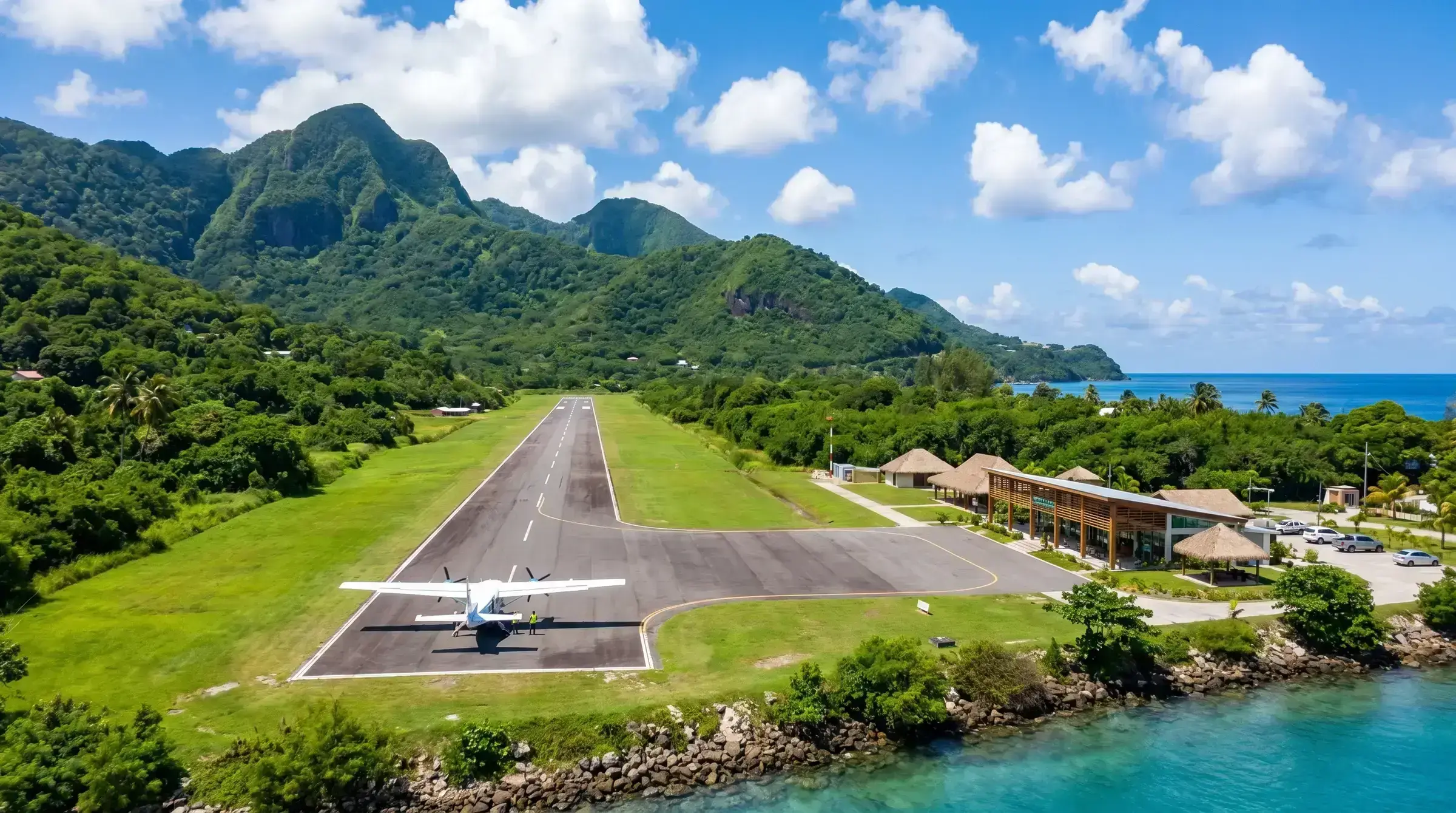 A Caribbean island airport runway with a small aircraft on the apron and lush mountains rising in the background — visual register of the international airport Dominica is building with CBI revenues.