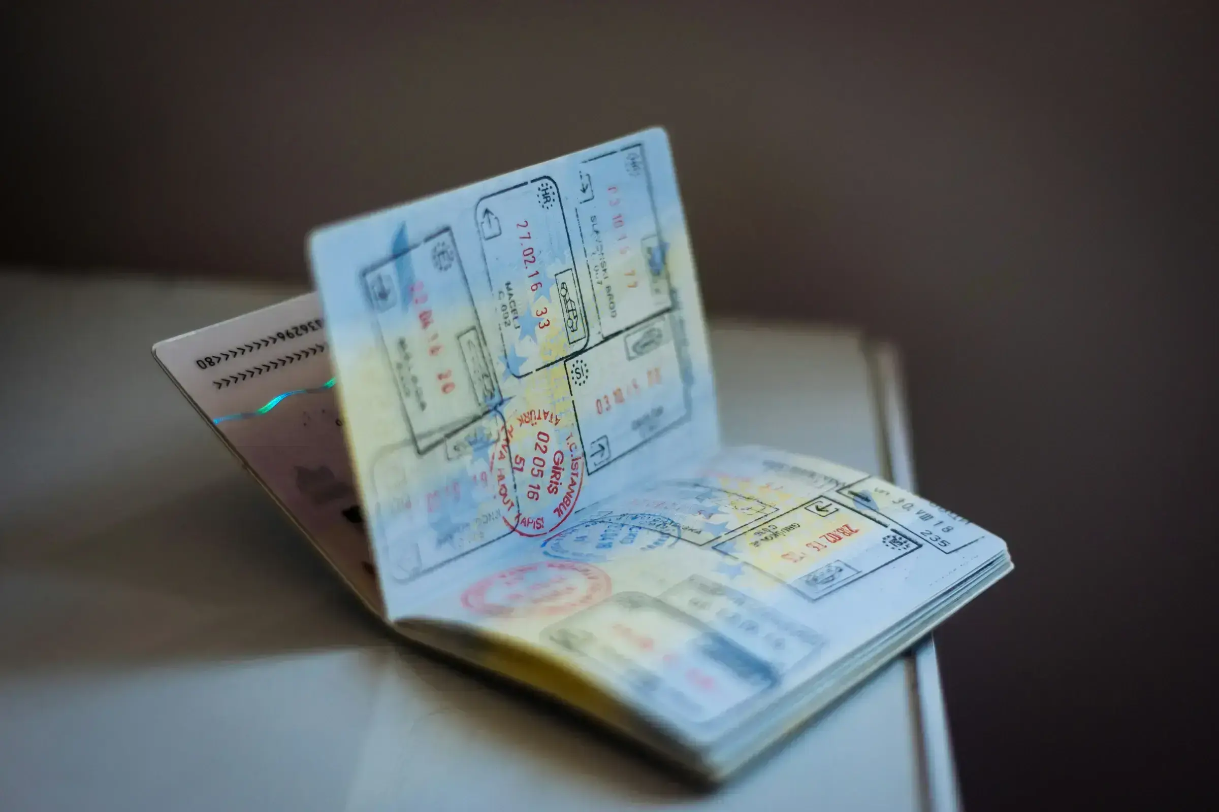 A close-up of a passport's machine-readable zone, with security features visible.