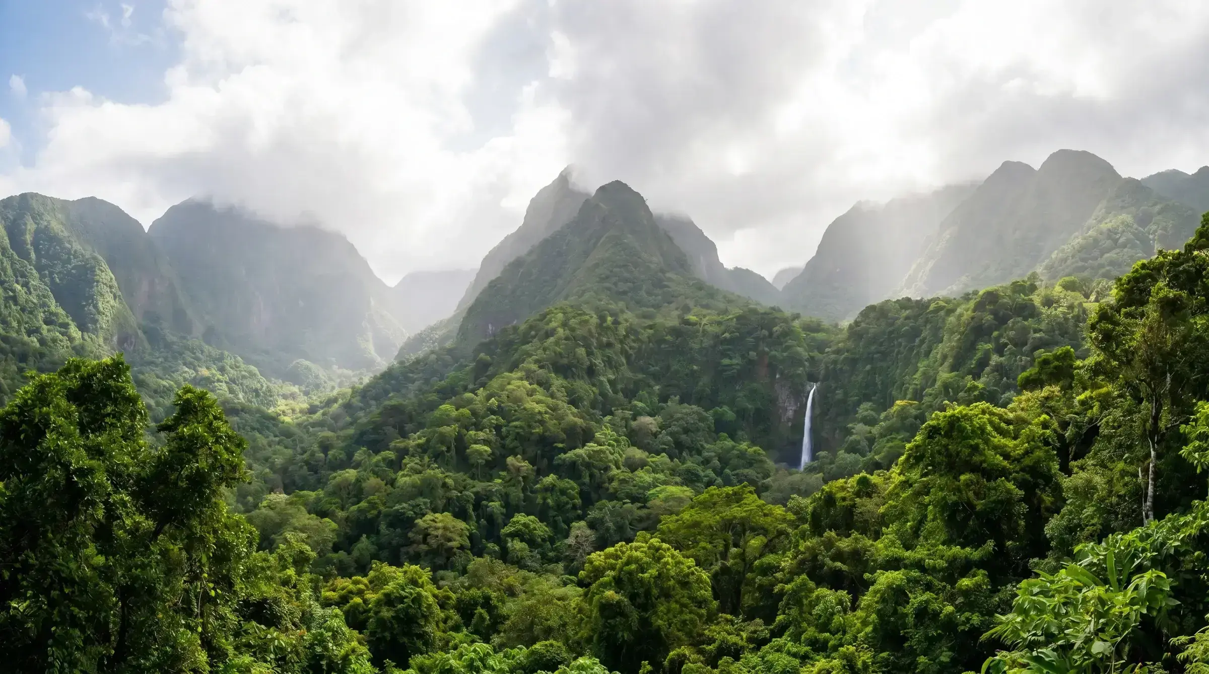 A Dominica rainforest panorama with the Morne Trois Pitons mountains and a distant waterfall — the natural landscape that defines the Nature Isle.