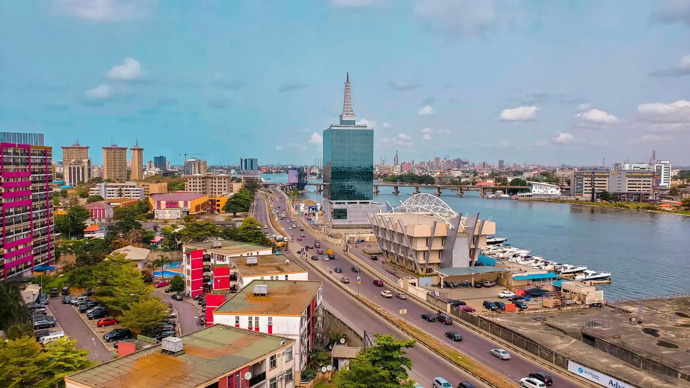 A Lagos cityscape — the dense, active economic environment of Nigeria's commercial capital.
