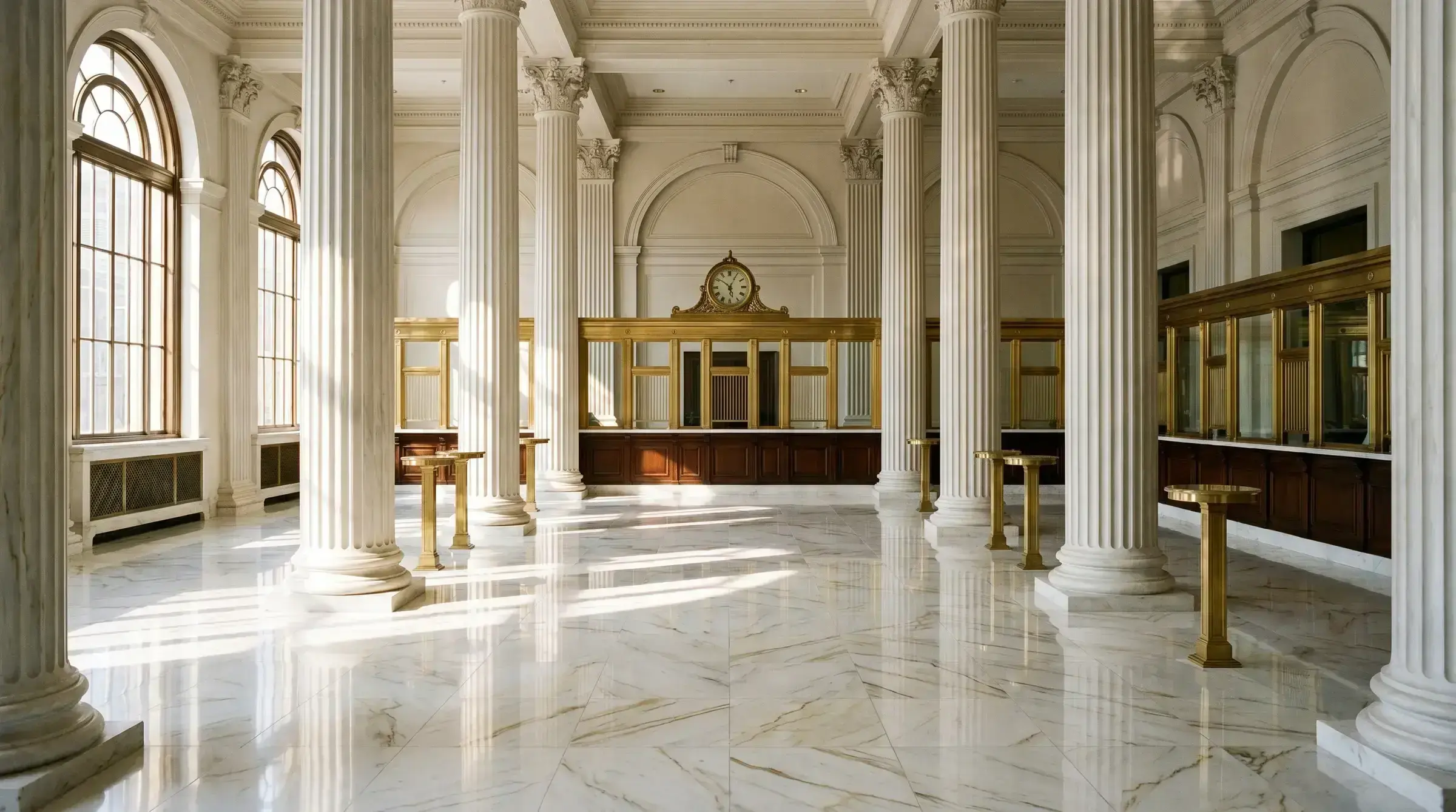 A formal classical bank interior with marble floors and brass teller windows — the regulated environment in which St Kitts and Nevis National Bank operates.