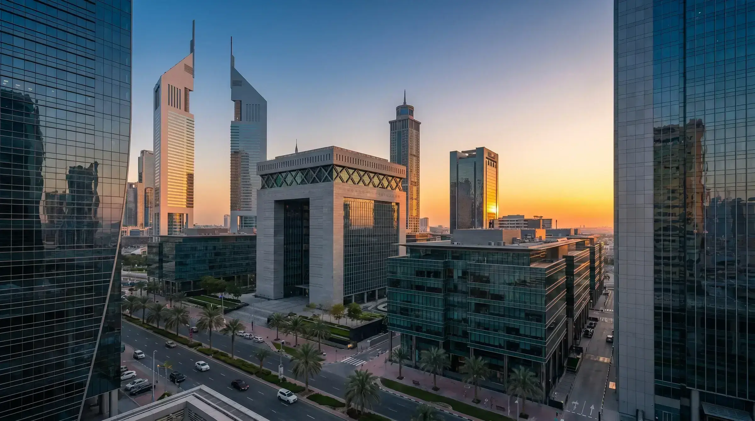 Dubai's DIFC skyline at golden hour — the financial-district setting for the showcase of St Kitts and Nevis citizenship to Gulf principals.