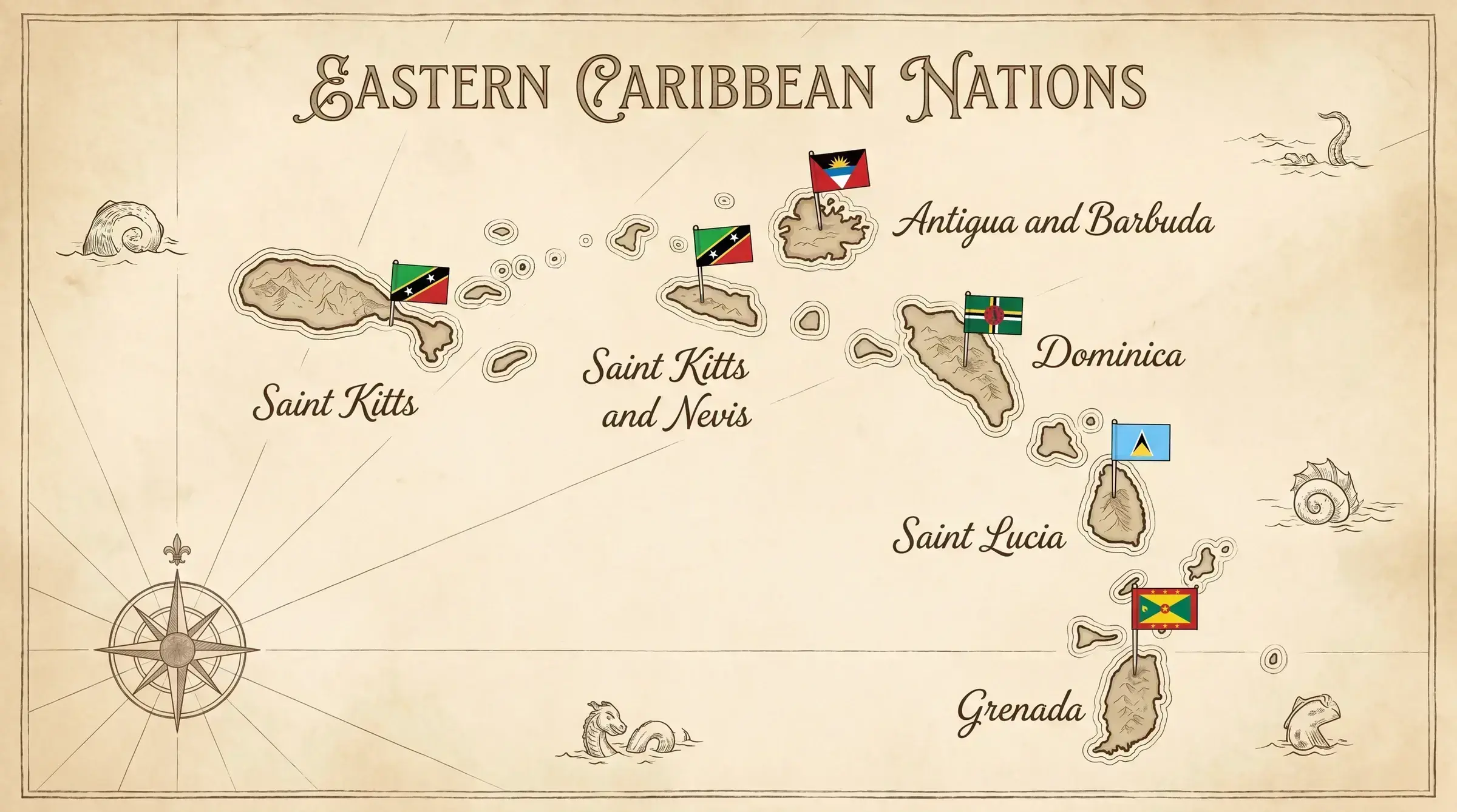 An editorial parchment-style map of the Eastern Caribbean with the flags of the five CBI nations marked — a visual index of the programmes covered here.