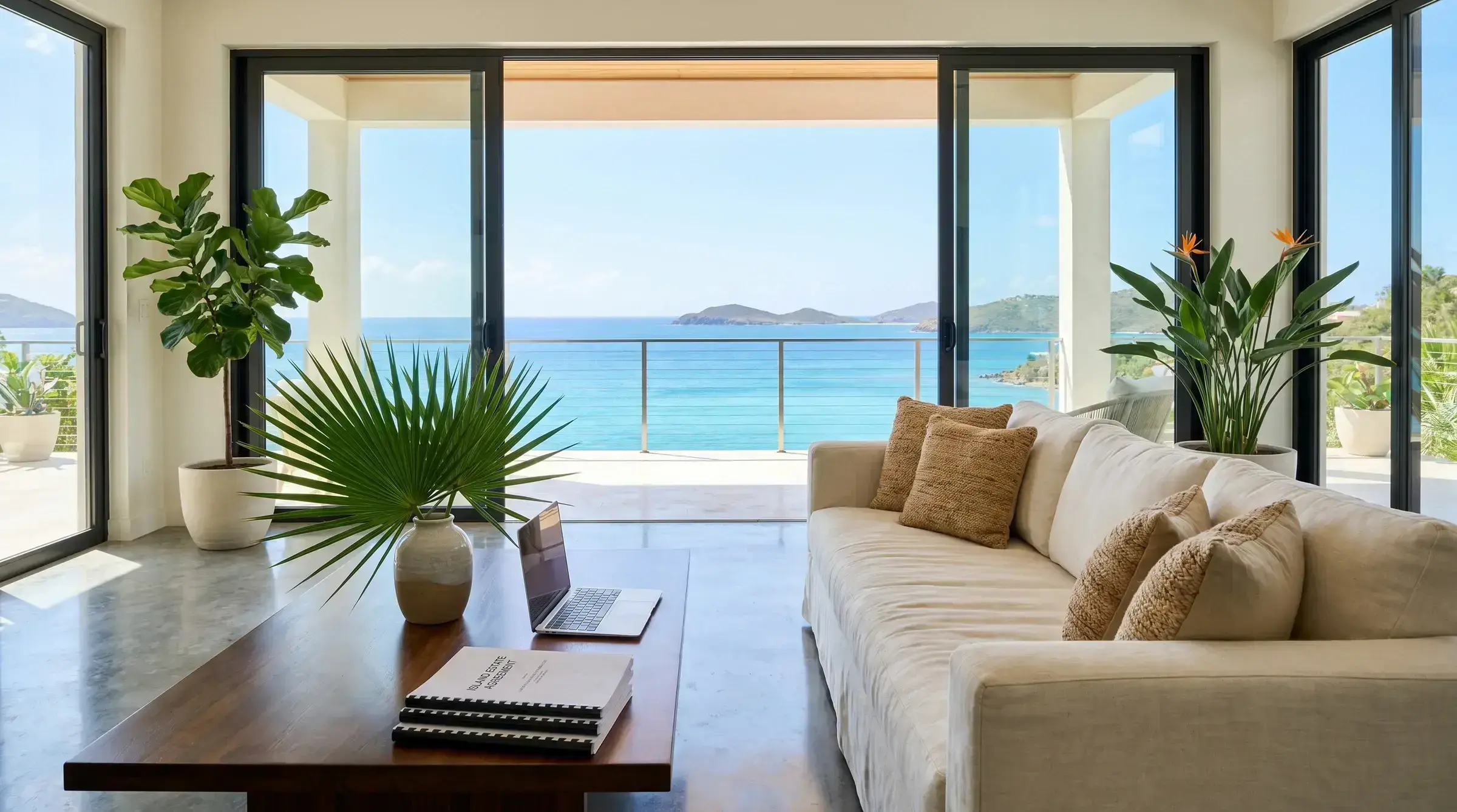 A modern luxury villa interior with an ocean view and assessment documents open on a coffee table — the visual register of considered real estate decisions.