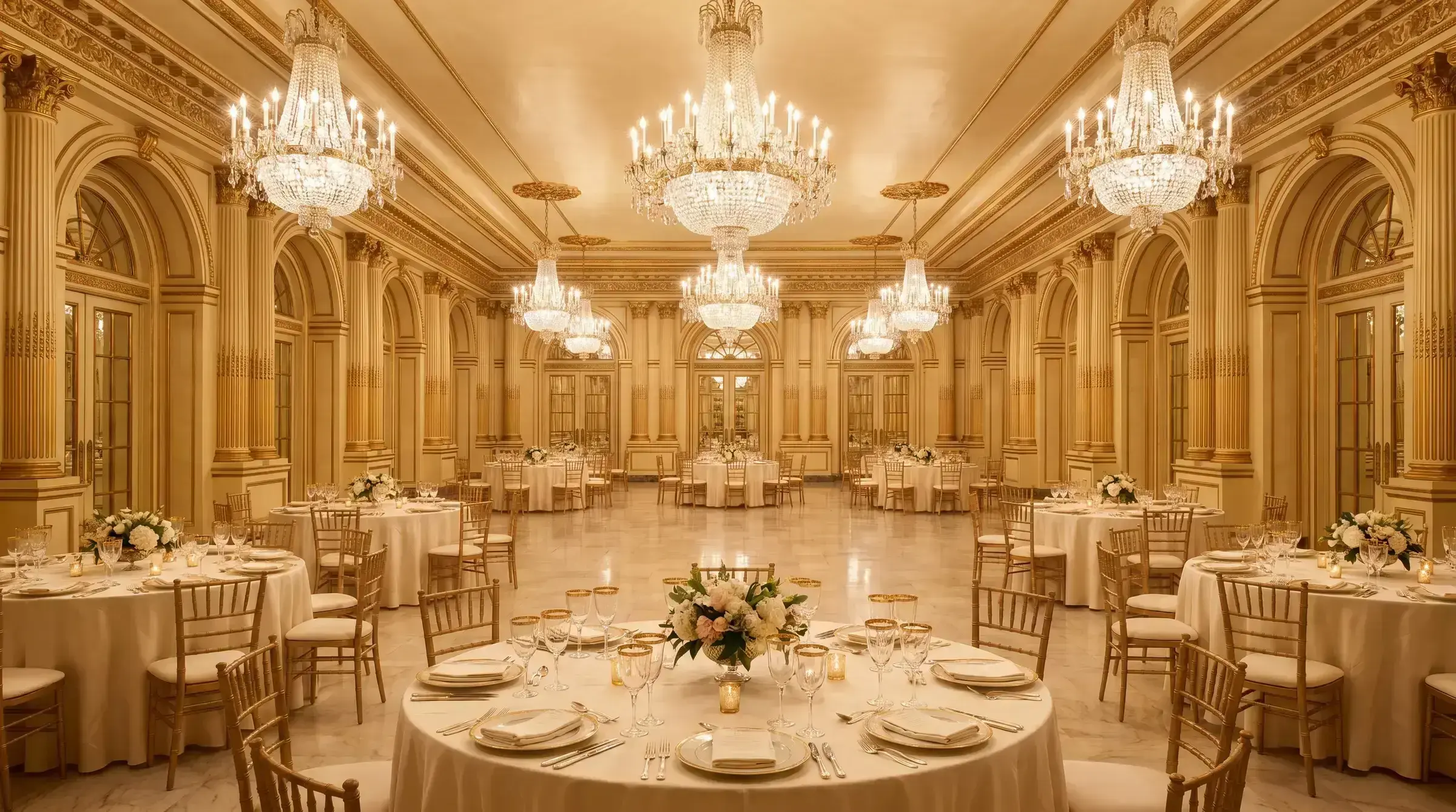 A grand ballroom set for a formal gala, with crystal chandeliers and white linen — the setting of the St Kitts and Nevis Consulate anniversary in Dubai.