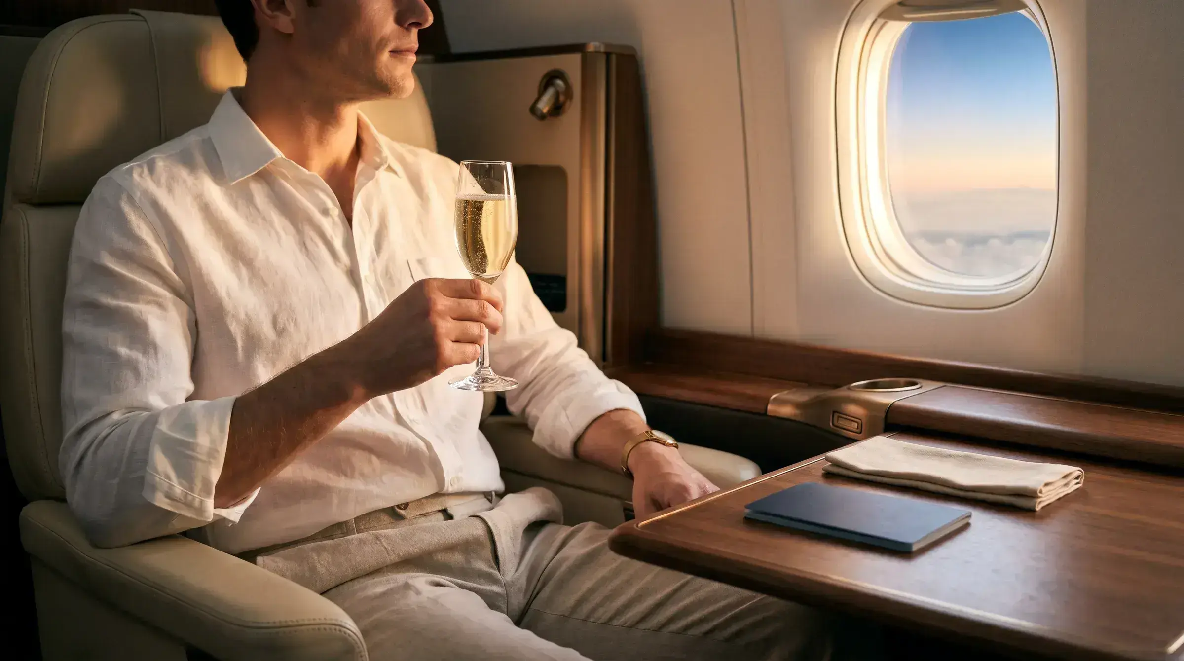 A traveller in a first-class cabin holding a champagne flute, looking out at the sunset above the clouds. A passport rests on the walnut tabletop beside him.