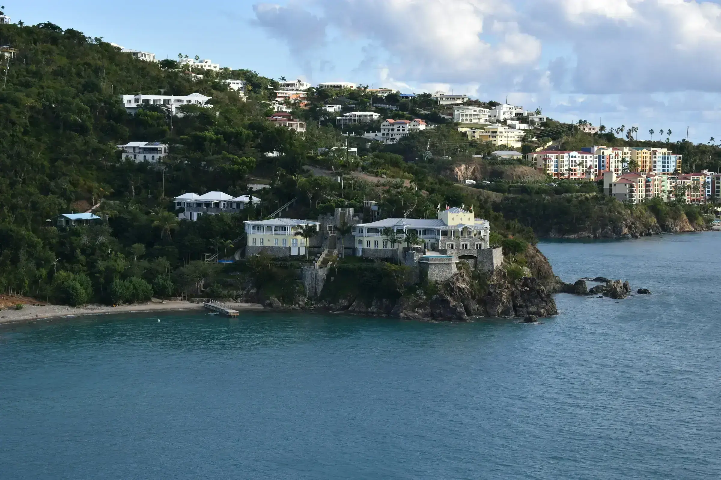 An aerial Eastern Caribbean coastline — the natural register of the islands the St Kitts and Nevis passport represents.