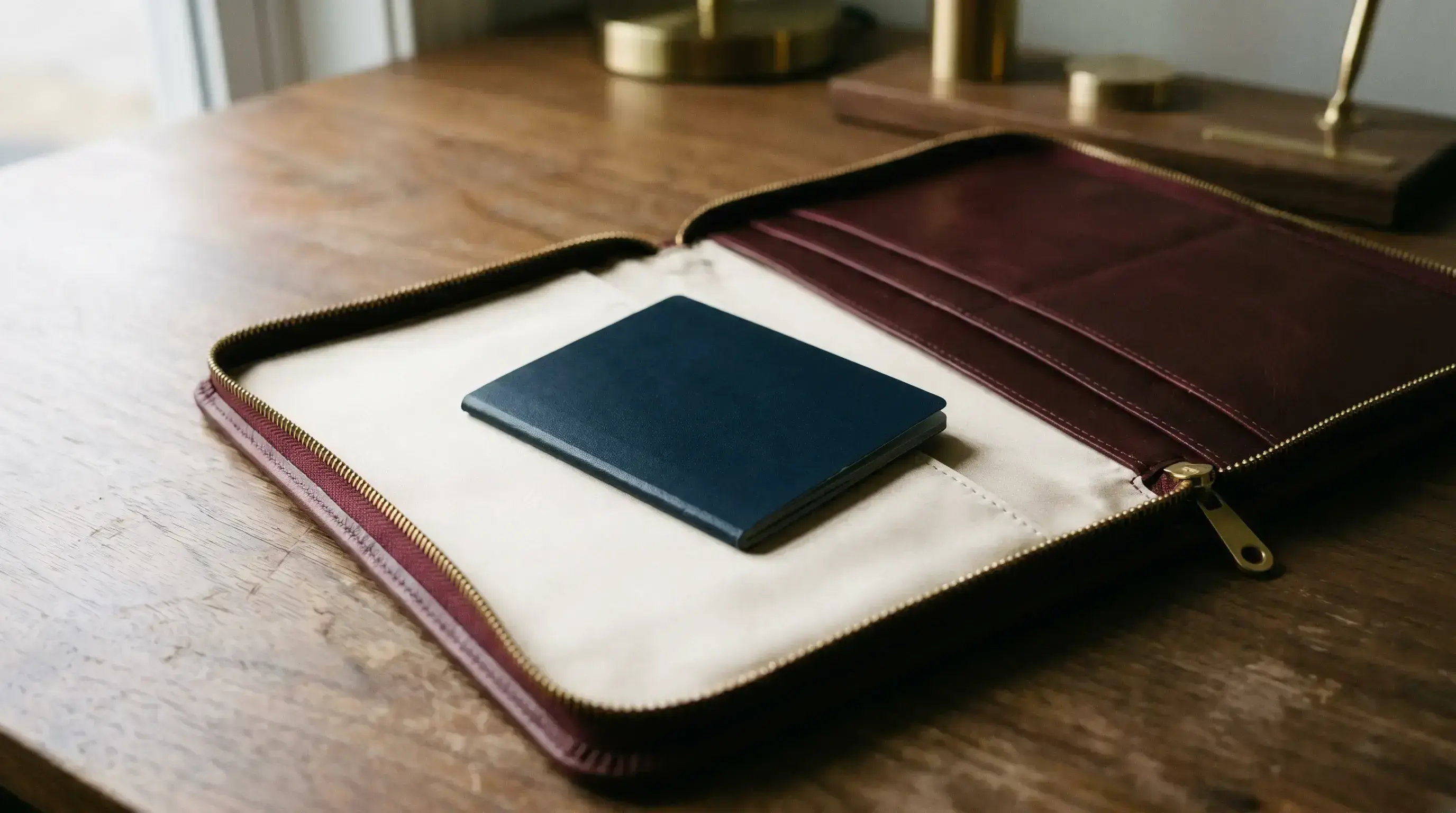A plain navy passport tucked inside an open burgundy zip portfolio on warm walnut — the citizenship as an asset held for a lifetime