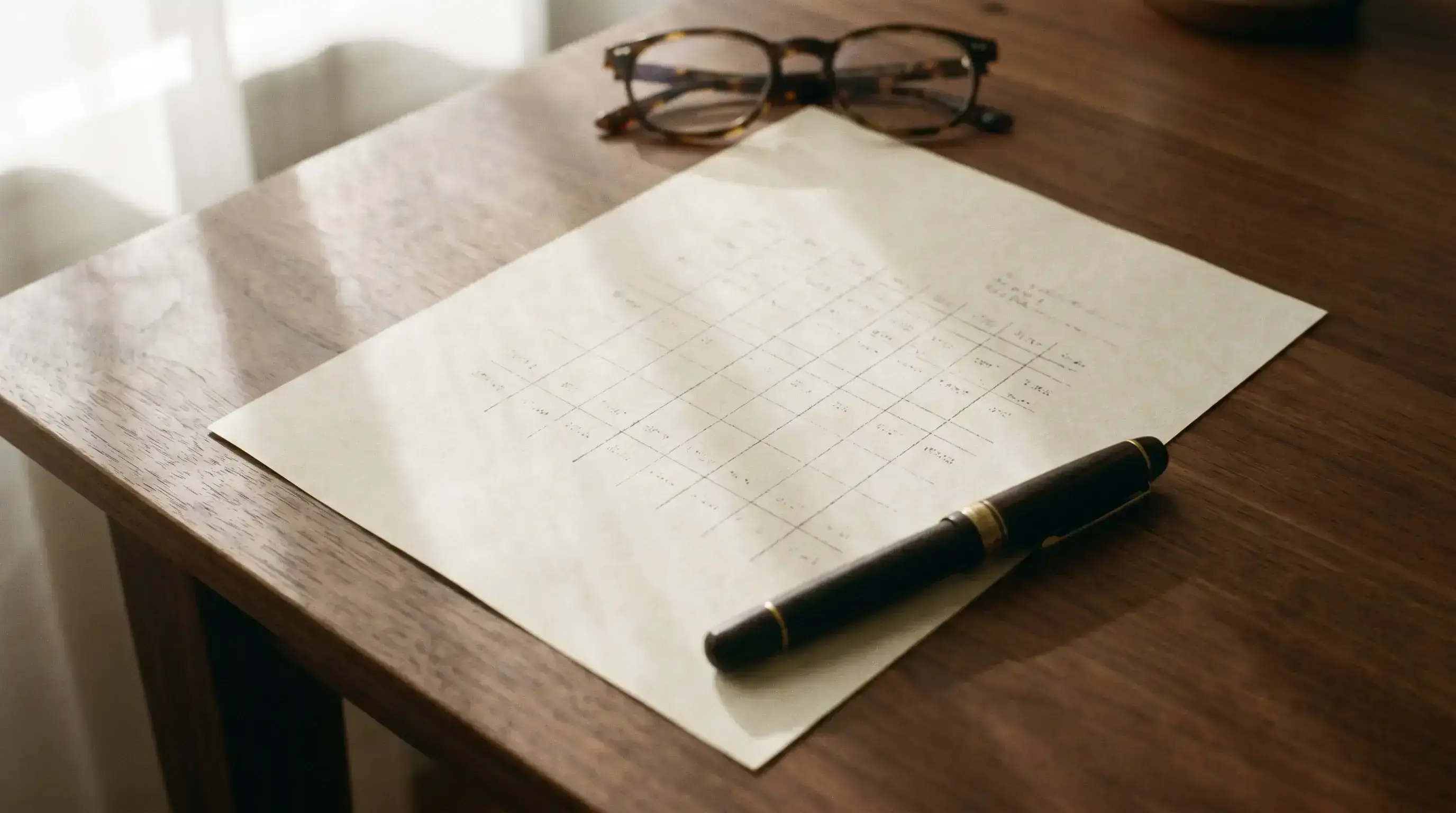 A cream comparison sheet on walnut with tortoiseshell reading glasses and a fountain pen