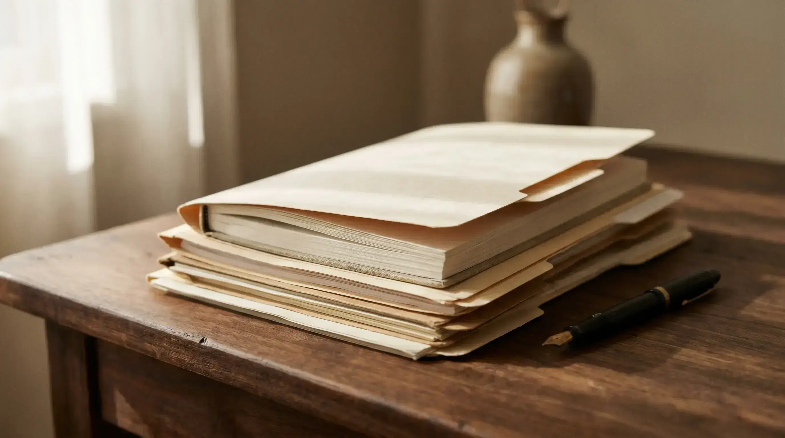 A stack of cream document folders on warm walnut, top folder slightly open, with a fountain pen beside — rigorous documentation, the visual register of by-the-book practice.