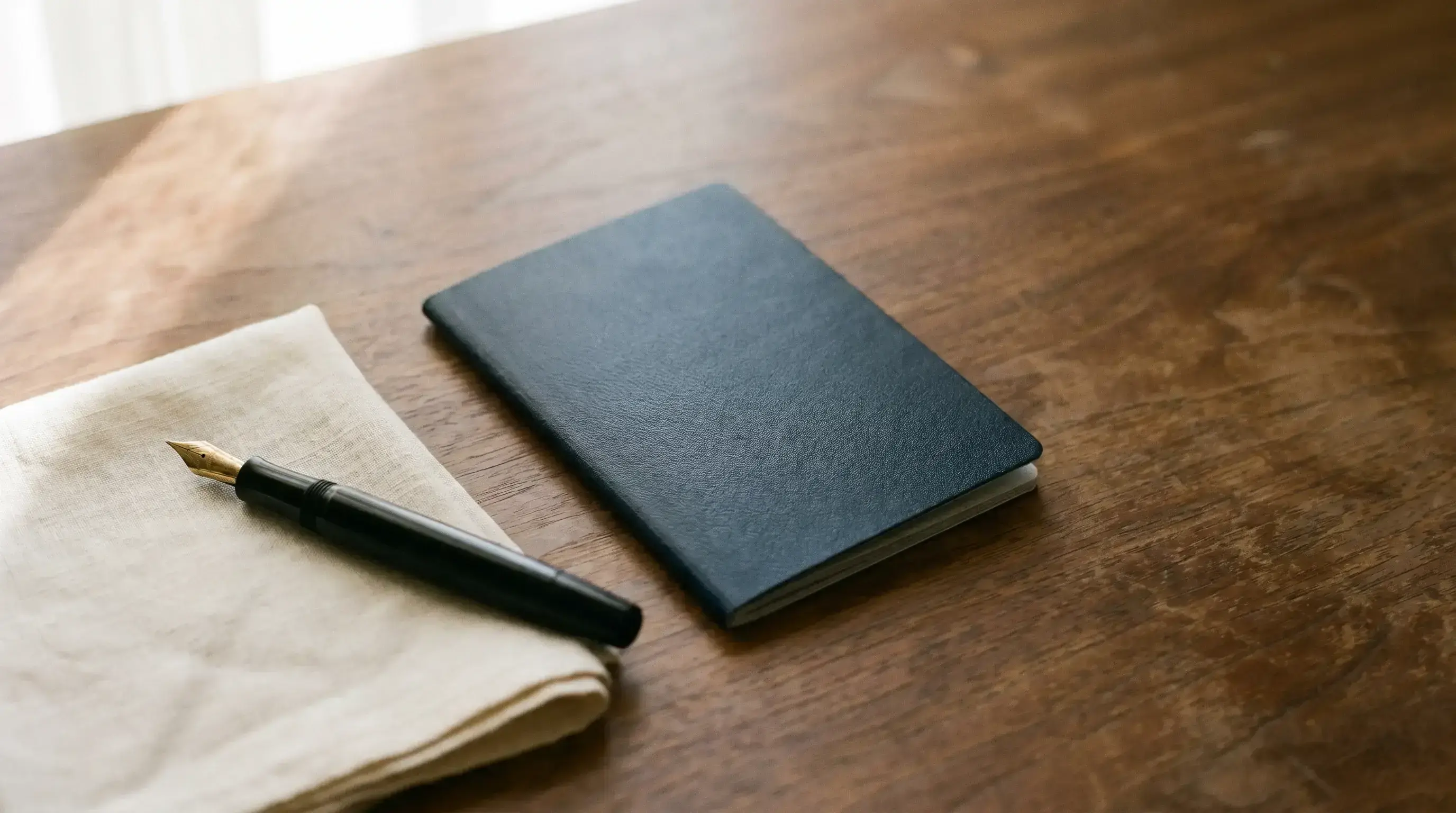 A plain navy passport on warm walnut beside a fountain pen on cream linen