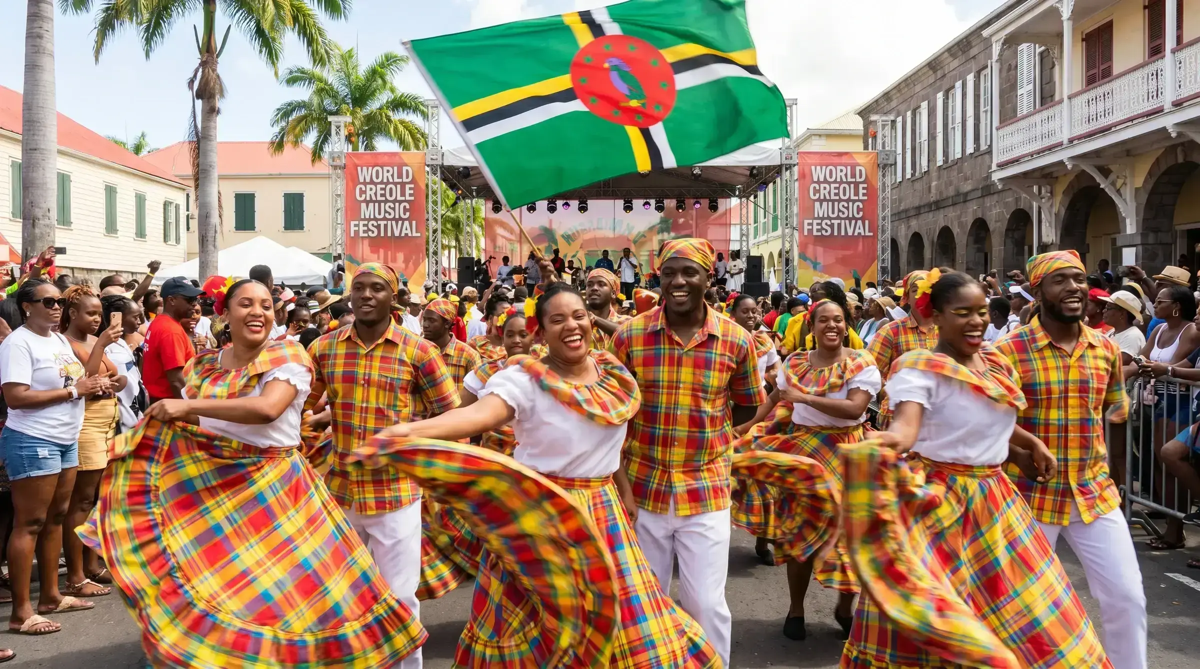 Mas Domnik celebrants in traditional madras dress — Dominica's Creole heritage worn proudly each Independence Day.
