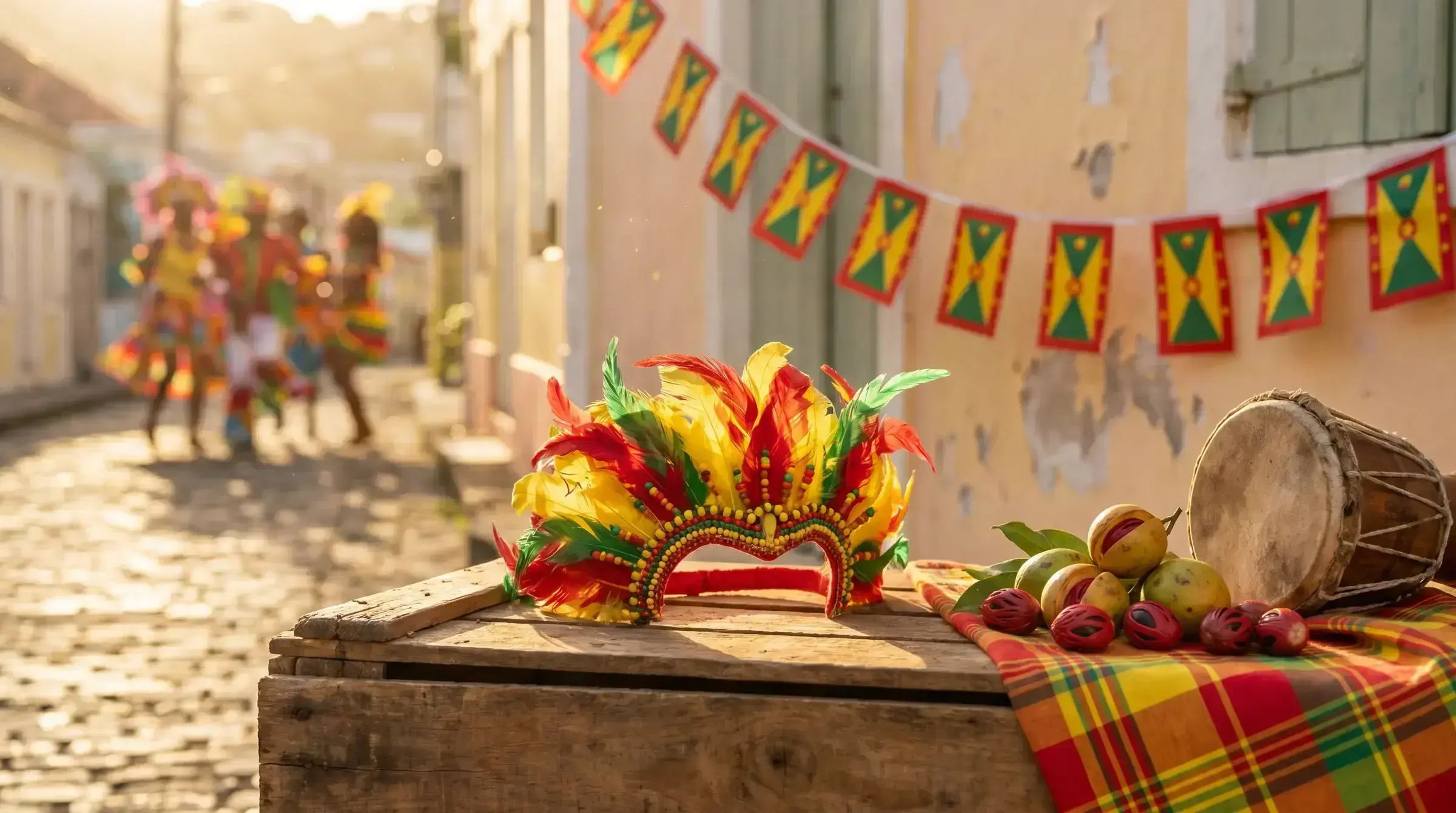 A Spicemas feathered headdress in Grenadian flag colours, set on a wooden crate with bunting strung above a Carriacou street — the warmer, slower side of Grenada's August carnival.