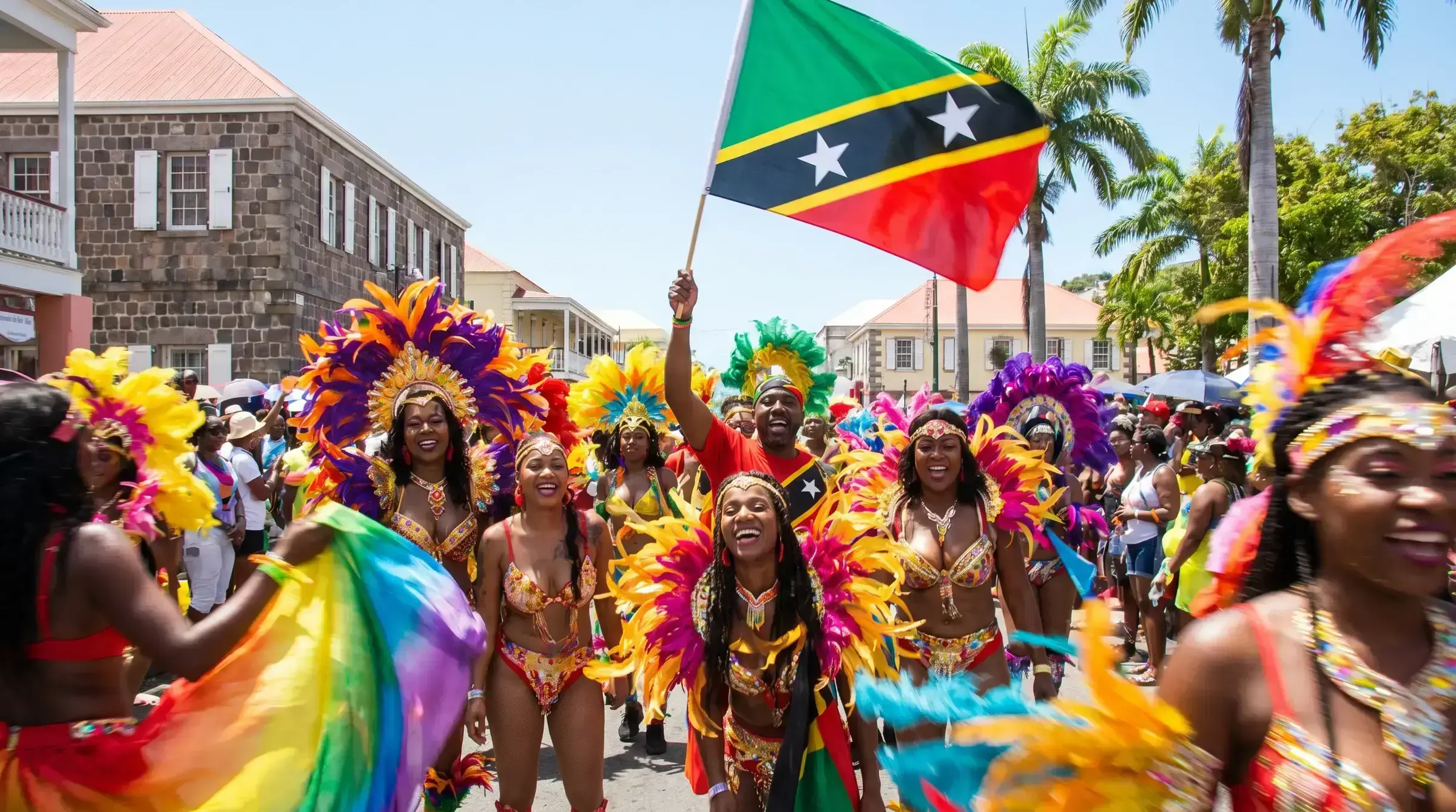 Sugar Mas masquerade in Basseterre — the St Kitts and Nevis national carnival, blending African, French, and British traditions.
