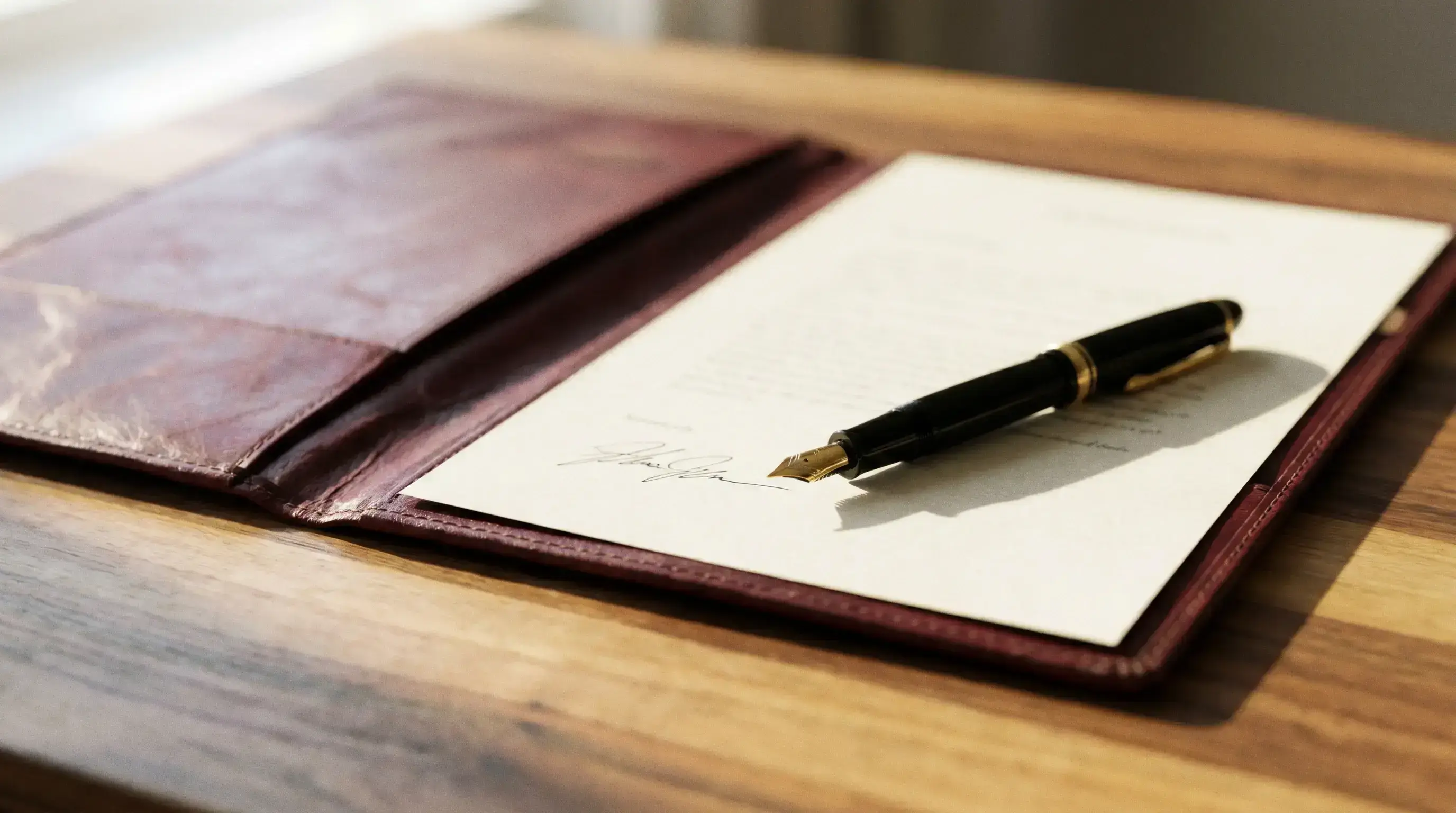 A burgundy leather portfolio open on warm walnut, with a hand-signed document and a black fountain pen resting on it — quiet documentary detail