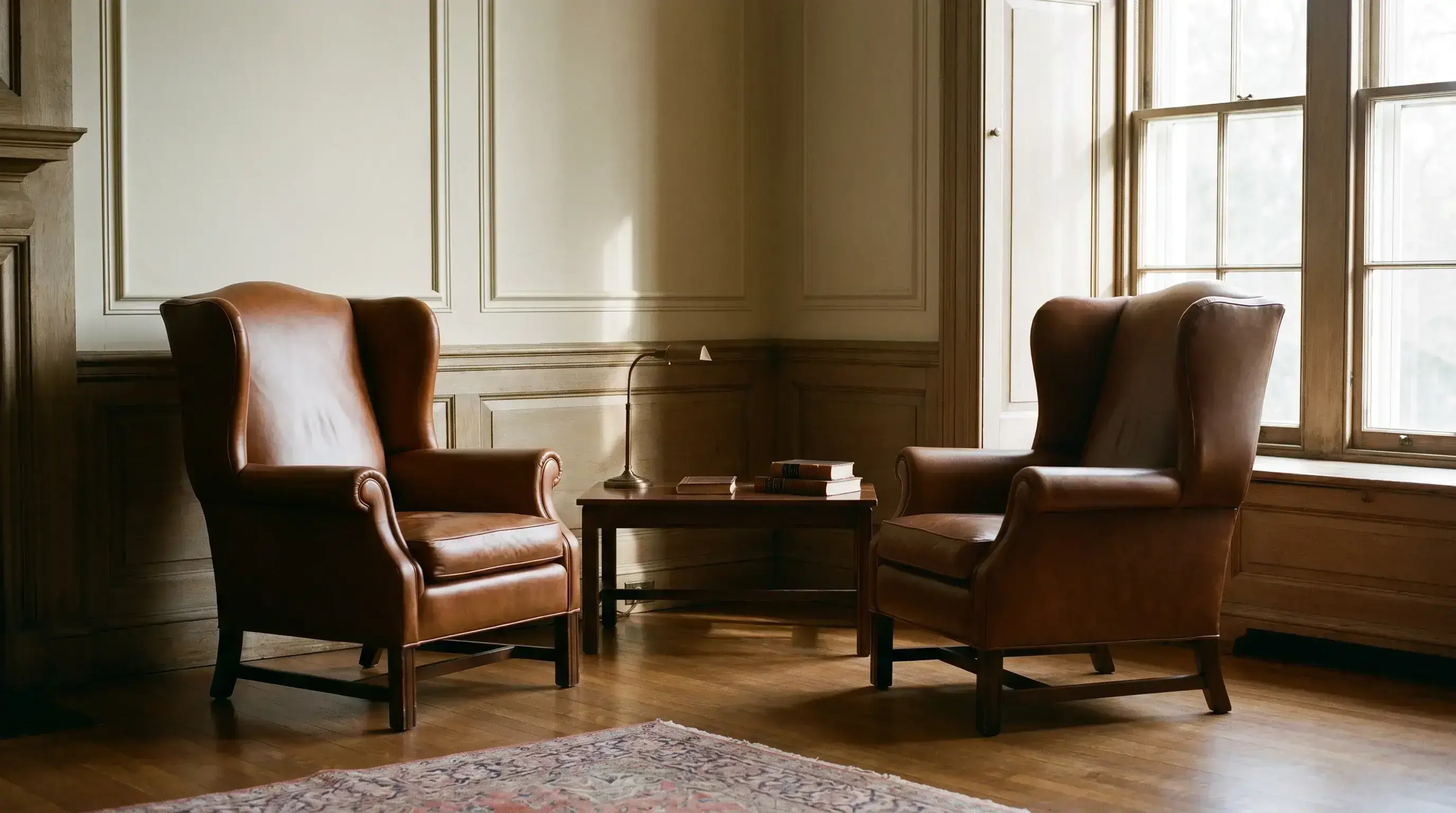 Two empty cognac leather wing chairs facing each other across a side table in a panelled drawing room — morning light through a tall window