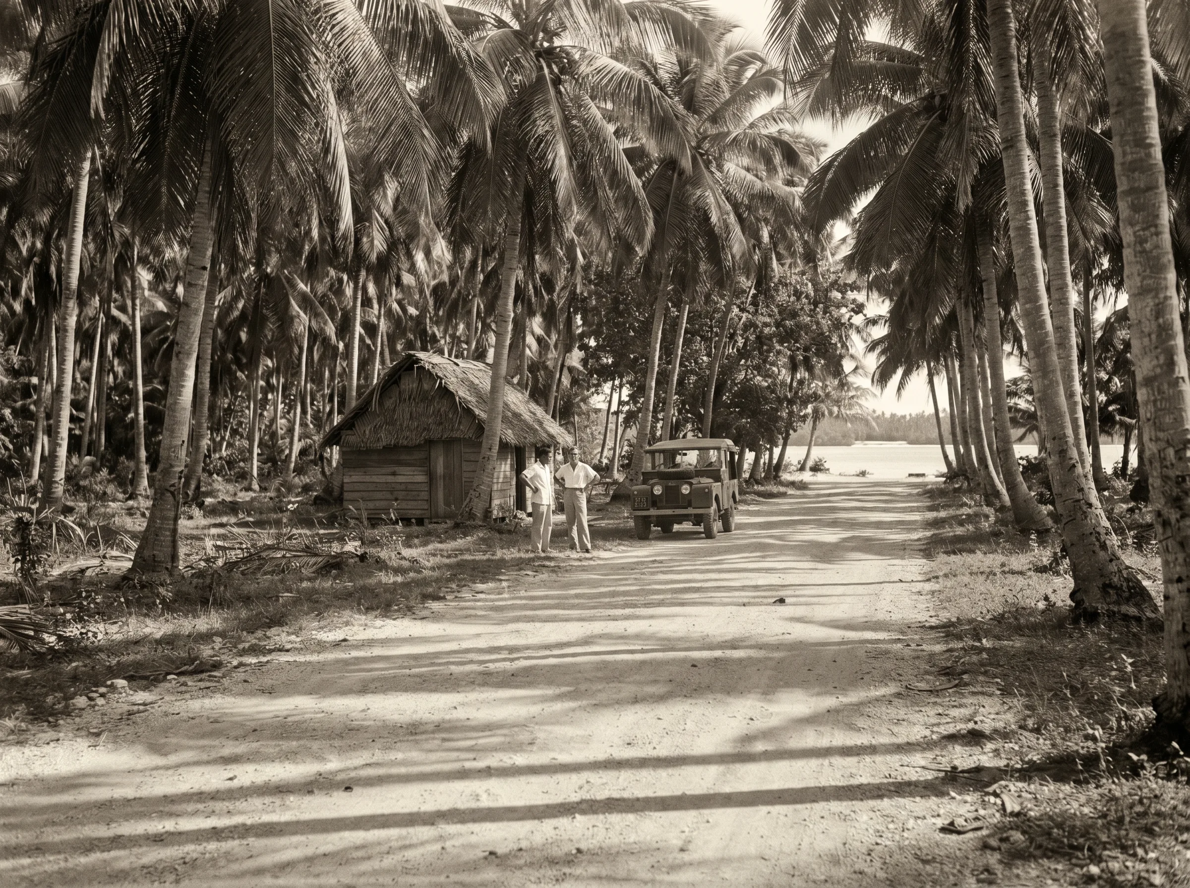 Archival composition referencing 1950s–1960s Pacific reportage — the New Hebrides Condominium era