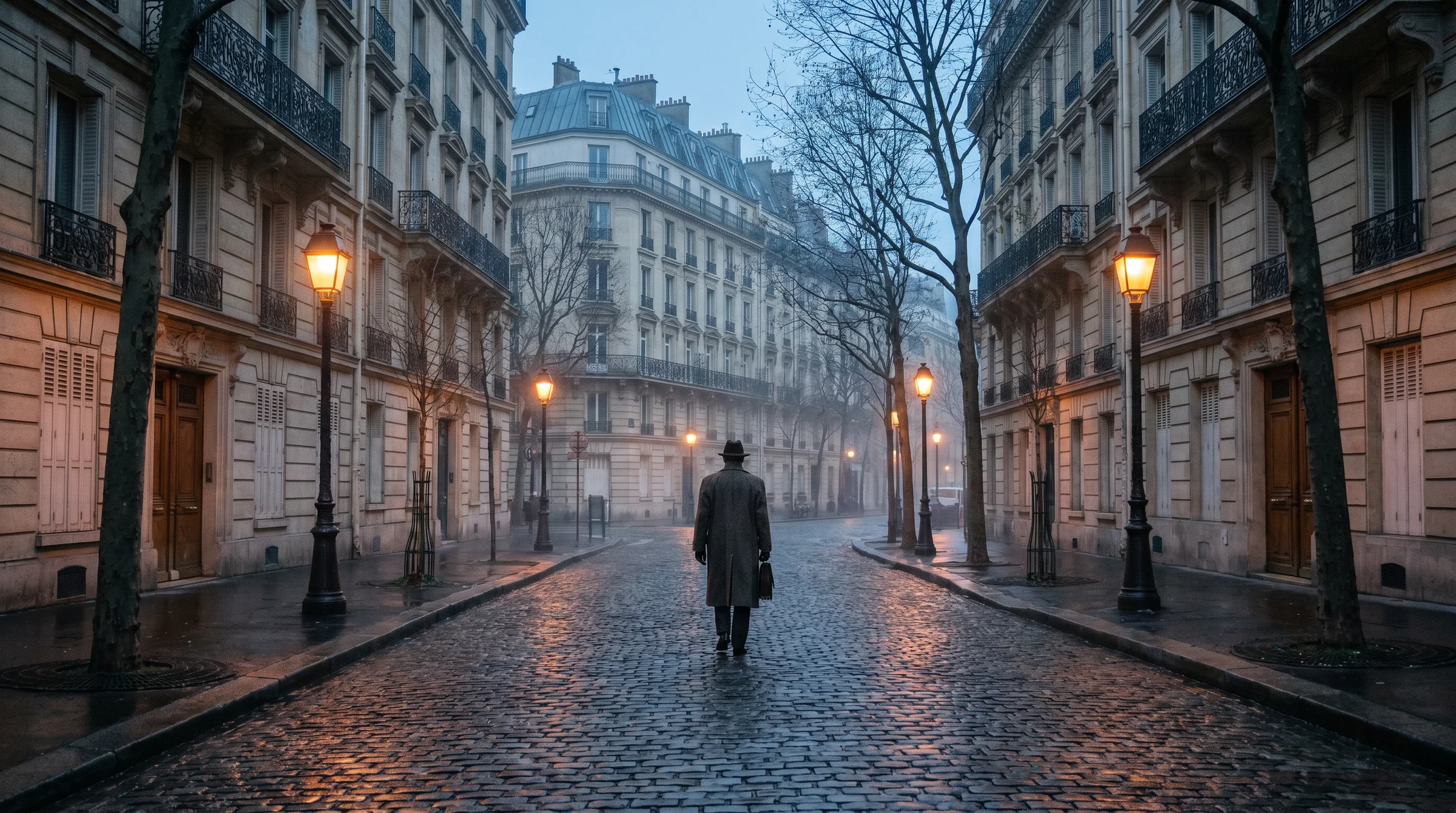 A quiet European street — Haussmann balconies and a wide pavement under soft late-afternoon light.