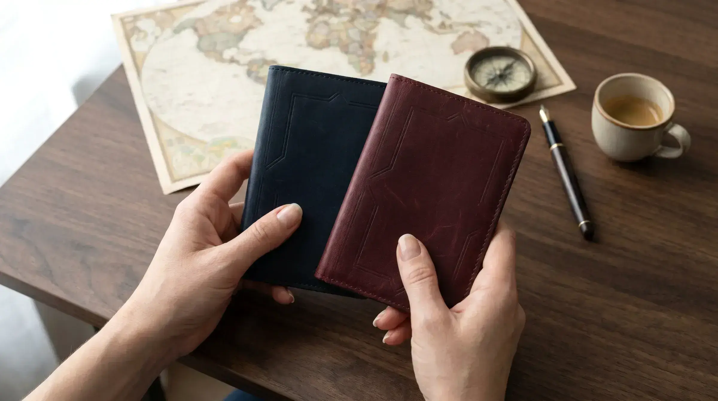 Two passport wallets held over a wooden desk with a vintage world map, a compass, a fountain pen and an espresso cup.