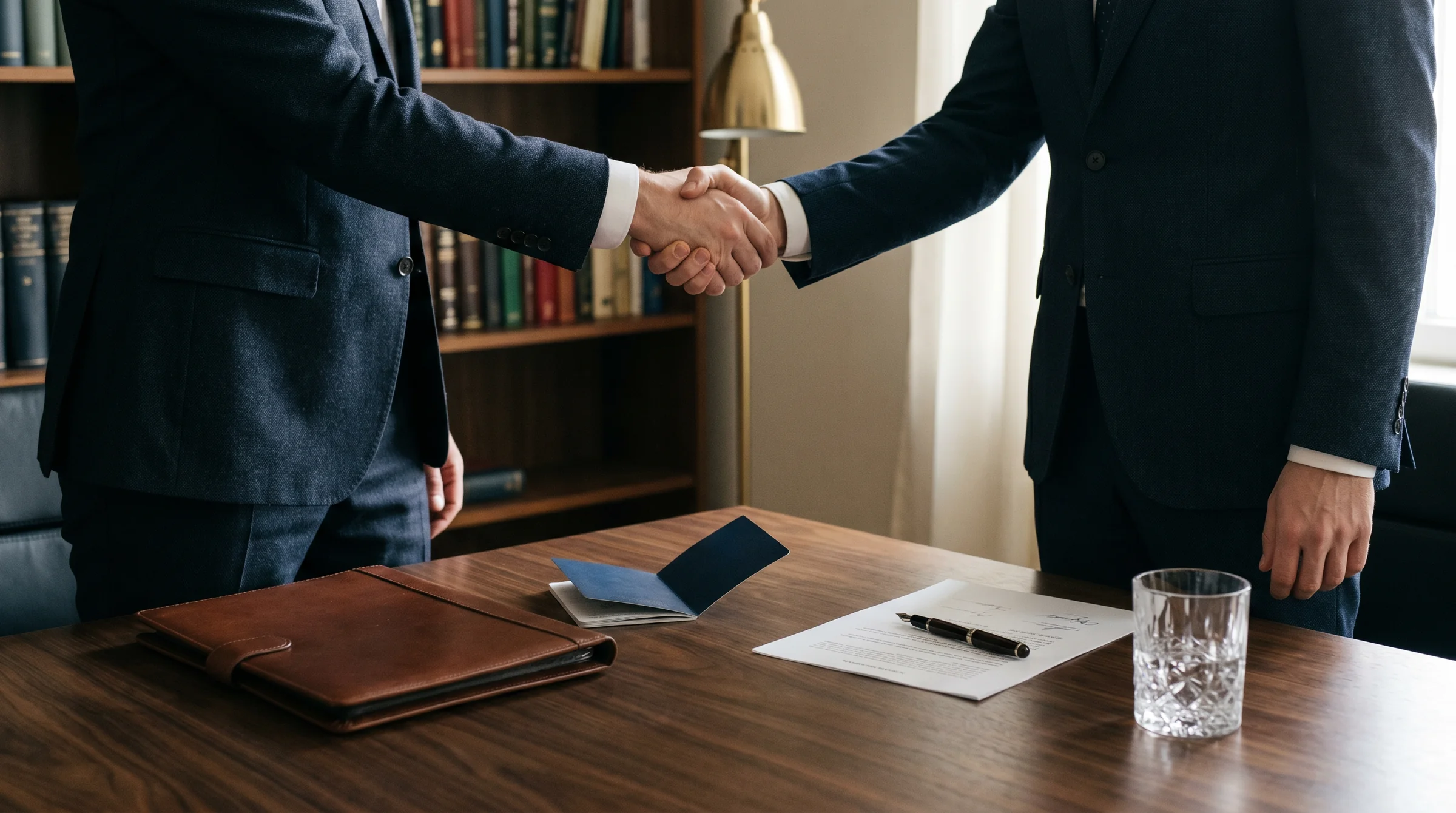 A handshake over a signed document on a desk — the quiet moment of an agreement reaching closure.